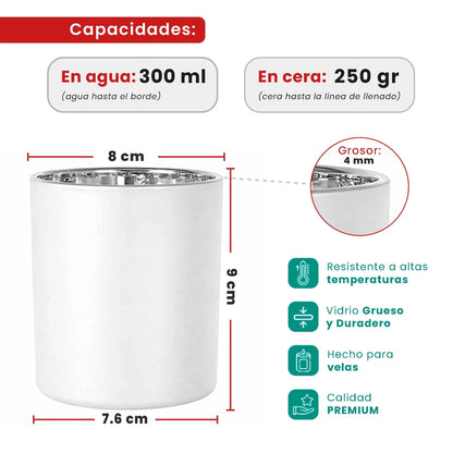 300ml - Mónaco Vaso de vidrio para velas - Blanco Mate / Plata Metálico - Candle Craft