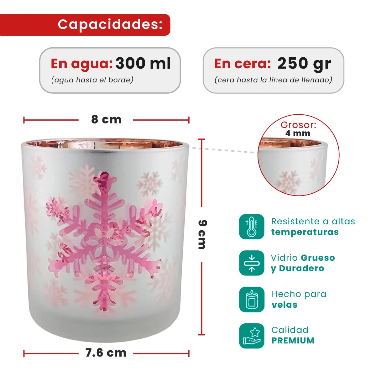 300ml - Mónaco Vaso de vidrio para velas - Blanco Mate / Rosa Metálico con Copos de Nieve - Diseño navideño - Candle Craft