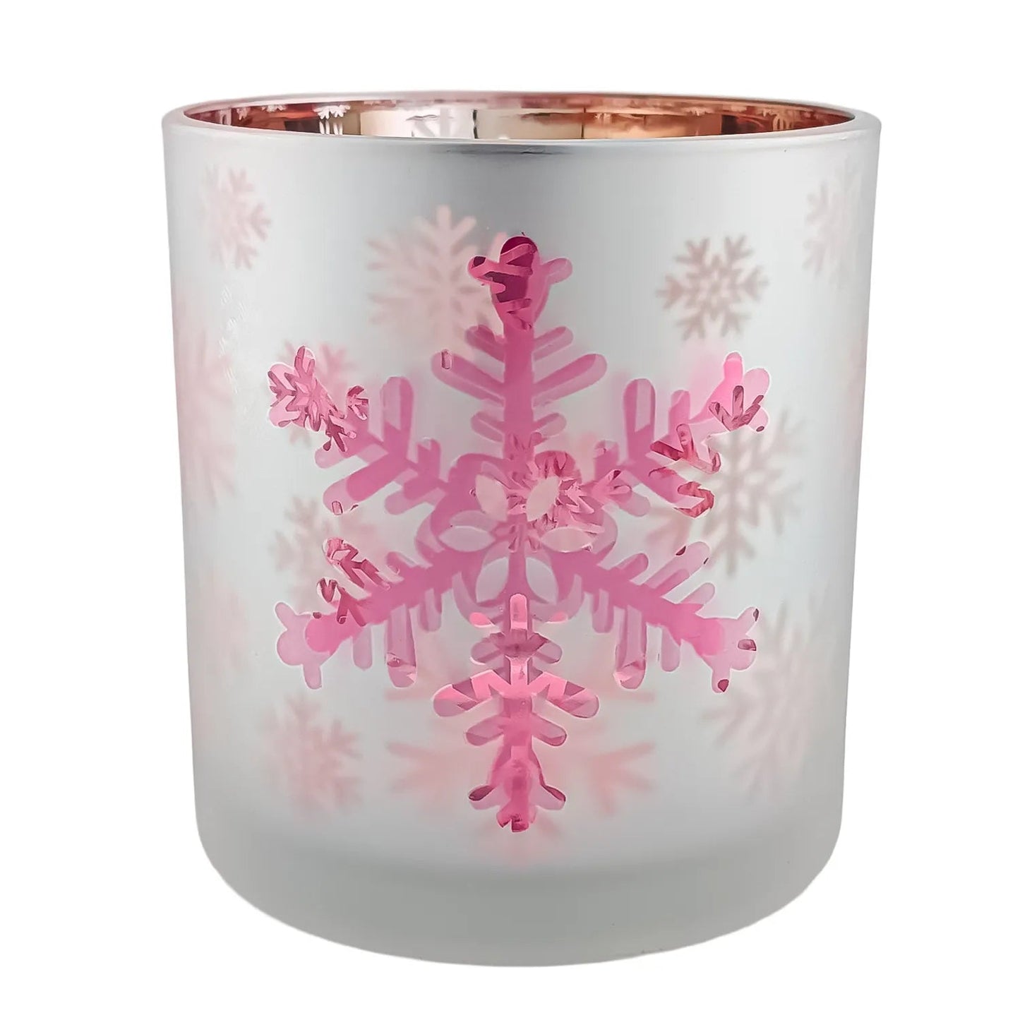 300ml - Mónaco Vaso de vidrio para velas - Blanco Mate / Rosa Metálico con Copos de Nieve - Diseño navideño - Candle Craft