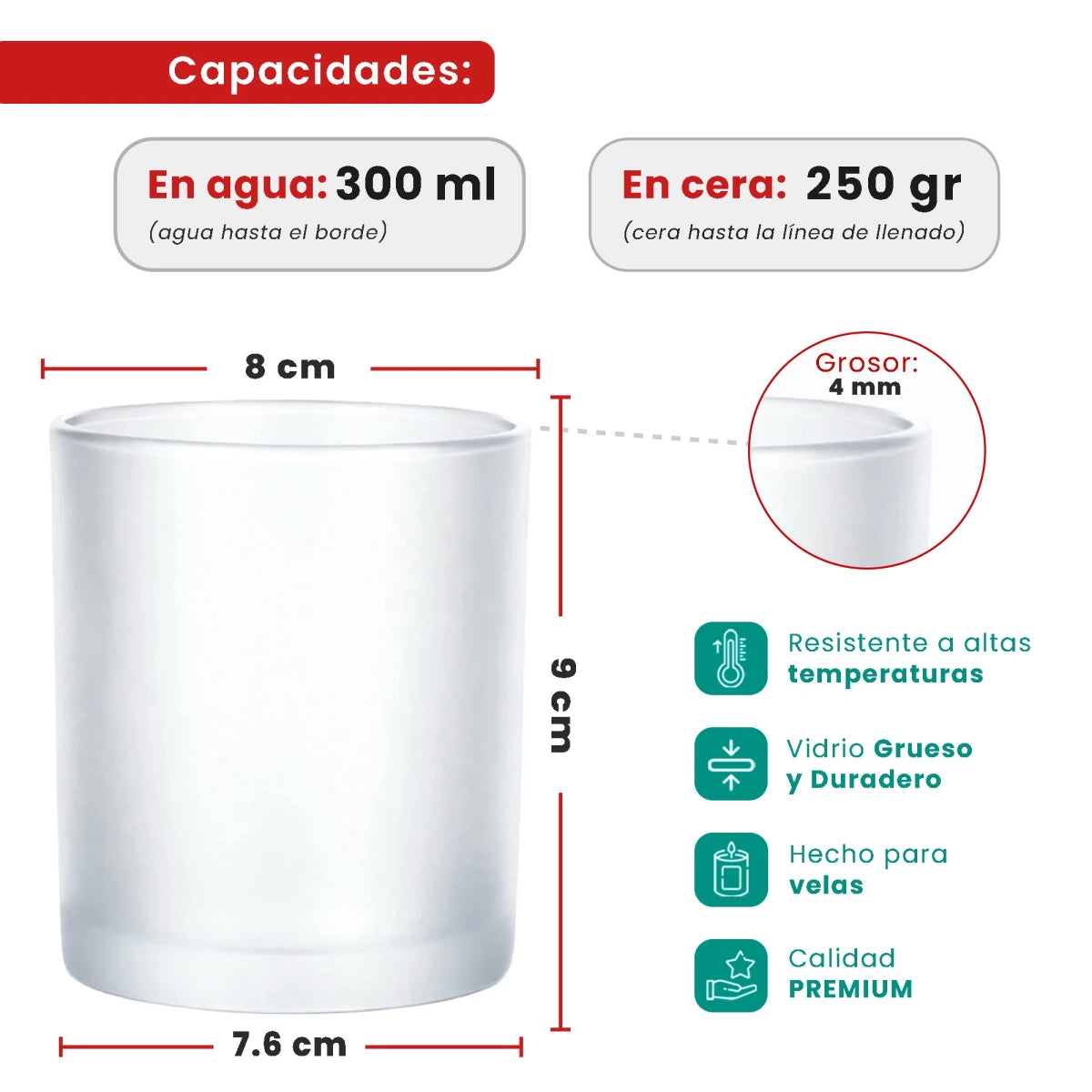 300ml - Mónaco Vaso de vidrio para velas - Blanco Satinado - Candle Craft