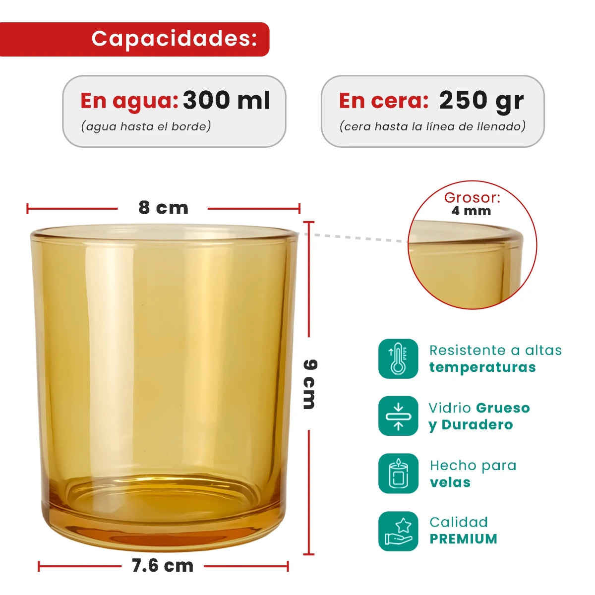 300ml - Mónaco Vaso de vidrio para velas - Champagne / Caramelo - Transparente - Candle Craft