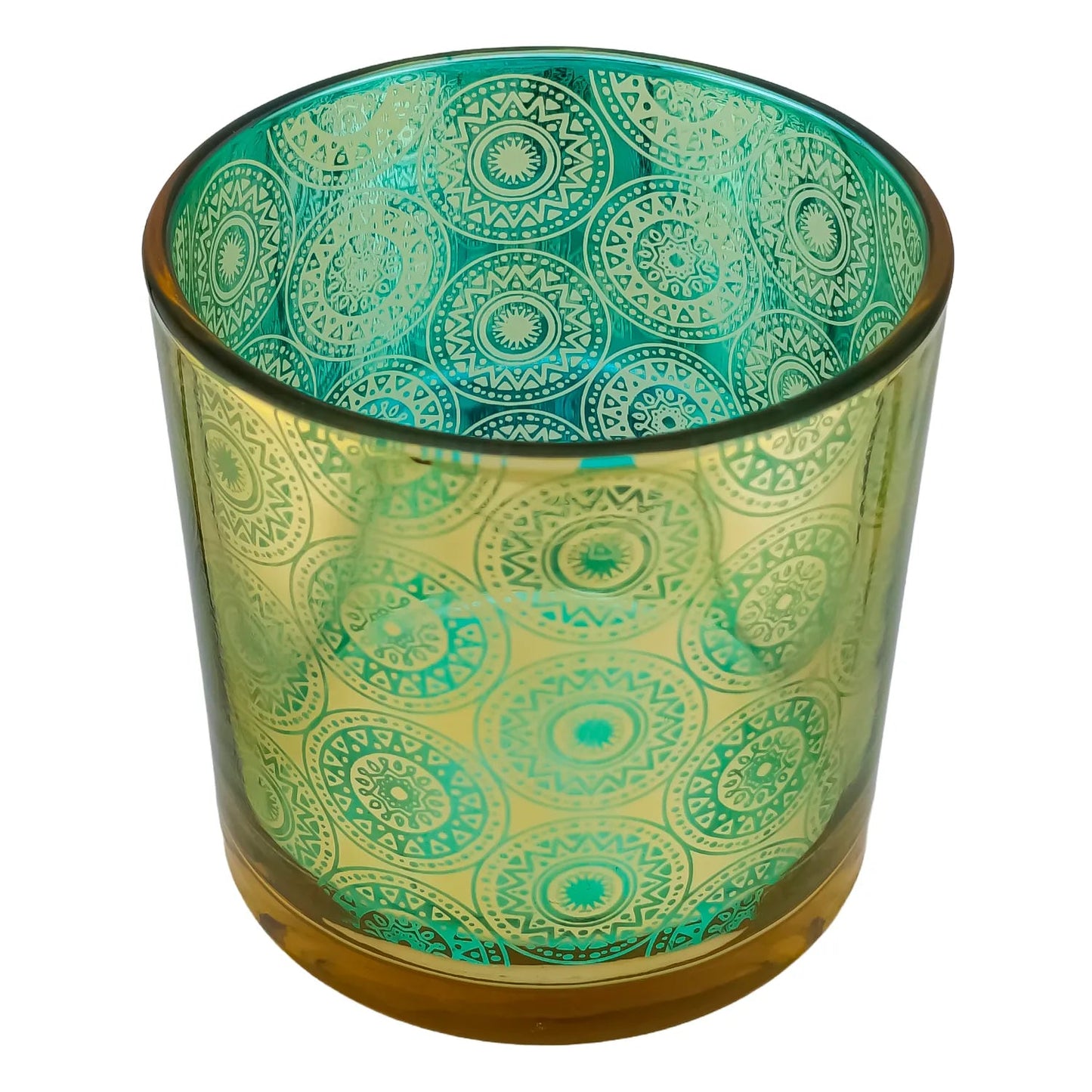 300ml - Mónaco Vaso de vidrio para velas - Dorado / Azul Turquesa con Mandalas Zen Paz Vaso para Vela Meditación - Metálico - Candle Craft