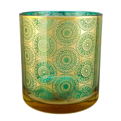 300ml - Mónaco Vaso de vidrio para velas - Dorado / Azul Turquesa con Mandalas Zen Paz Vaso para Vela Meditación - Metálico - Candle Craft