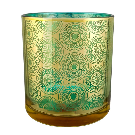 300ml - Mónaco Vaso de vidrio para velas - Dorado / Azul Turquesa con Mandalas Zen Paz Vaso para Vela Meditación - Metálico - Candle Craft