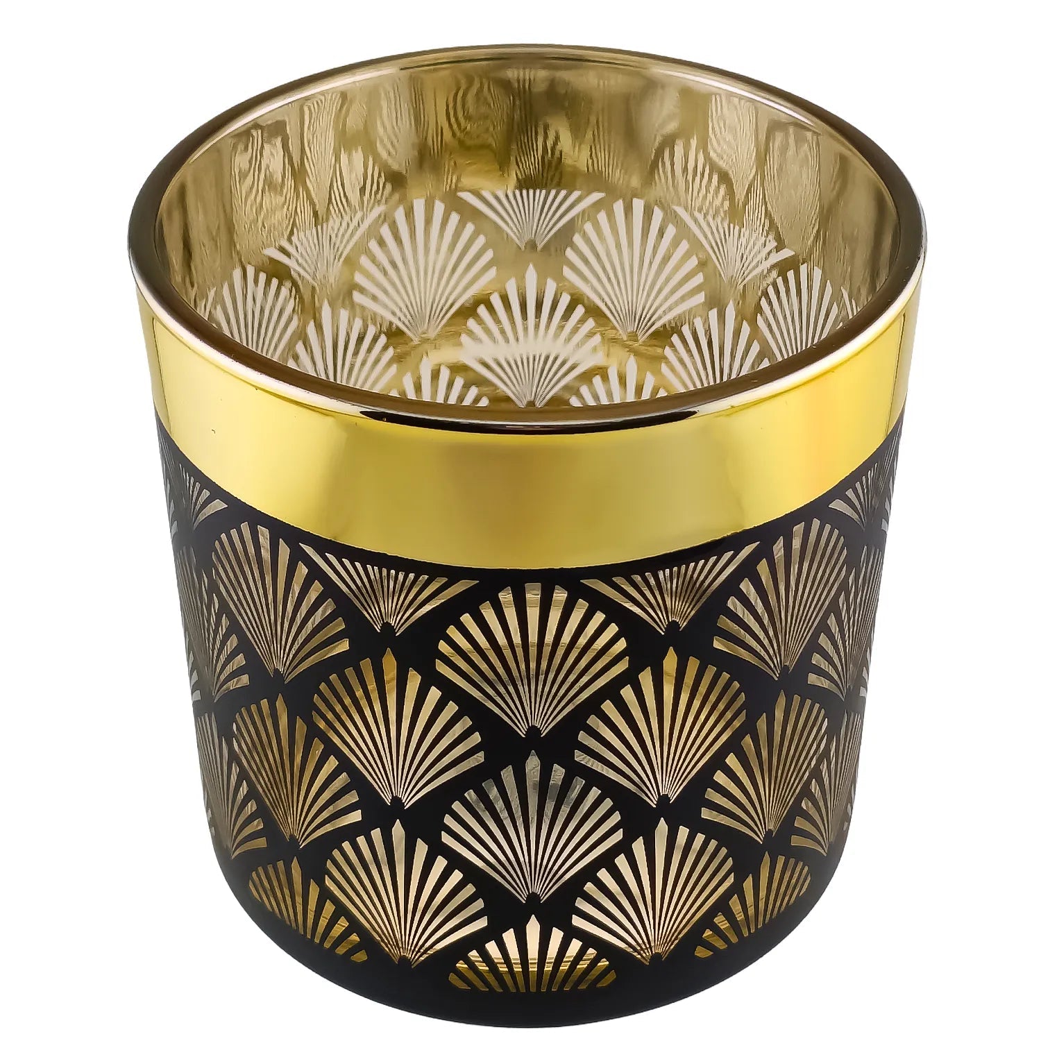 300ml - Mónaco Vaso de vidrio para velas - Dorado Metalico / Negro Mate con Silueta de Mandalas - Candle Craft