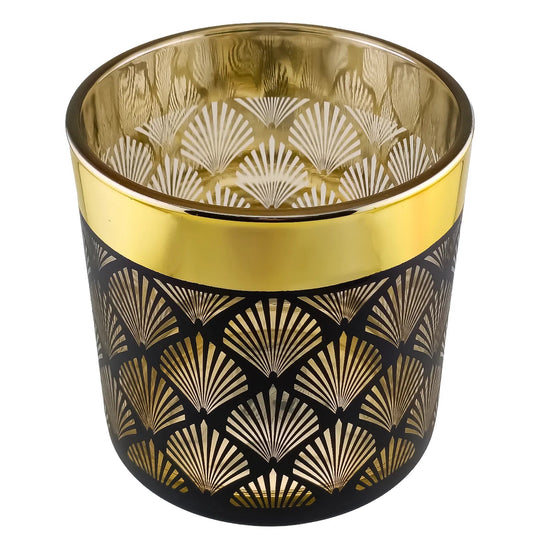 300ml - Mónaco Vaso de vidrio para velas - Dorado Metalico / Negro Mate con Silueta de Mandalas - Candle Craft
