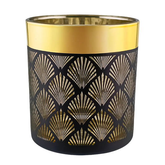 300ml - Mónaco Vaso de vidrio para velas - Dorado Metalico / Negro Mate con Silueta de Mandalas - Candle Craft