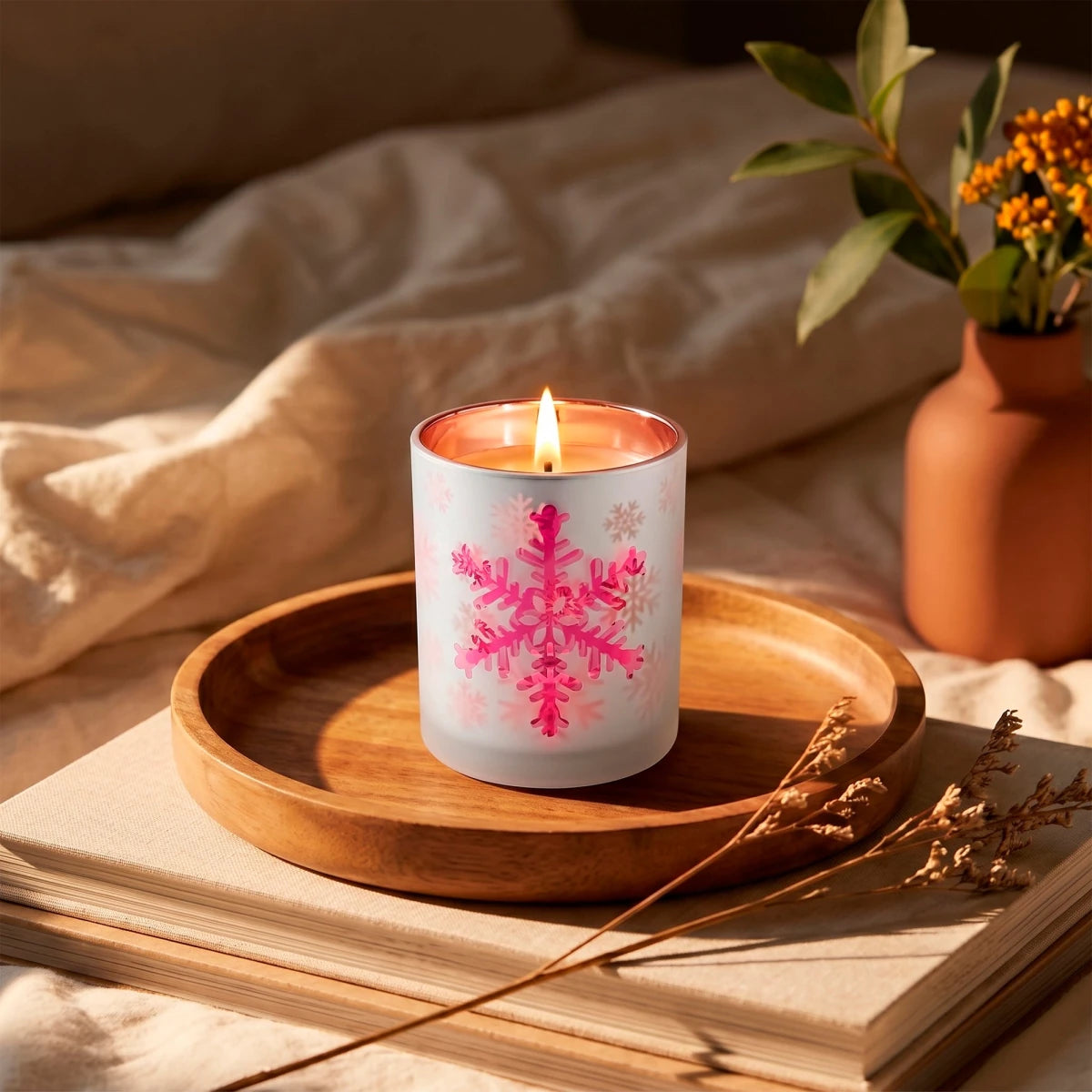 300ml - Mónaco Vaso de vidrio para velas - Frasco Blanco Mate / Rosa Metálico con Copos de Nieve - Diseño navideño - Candle Craft