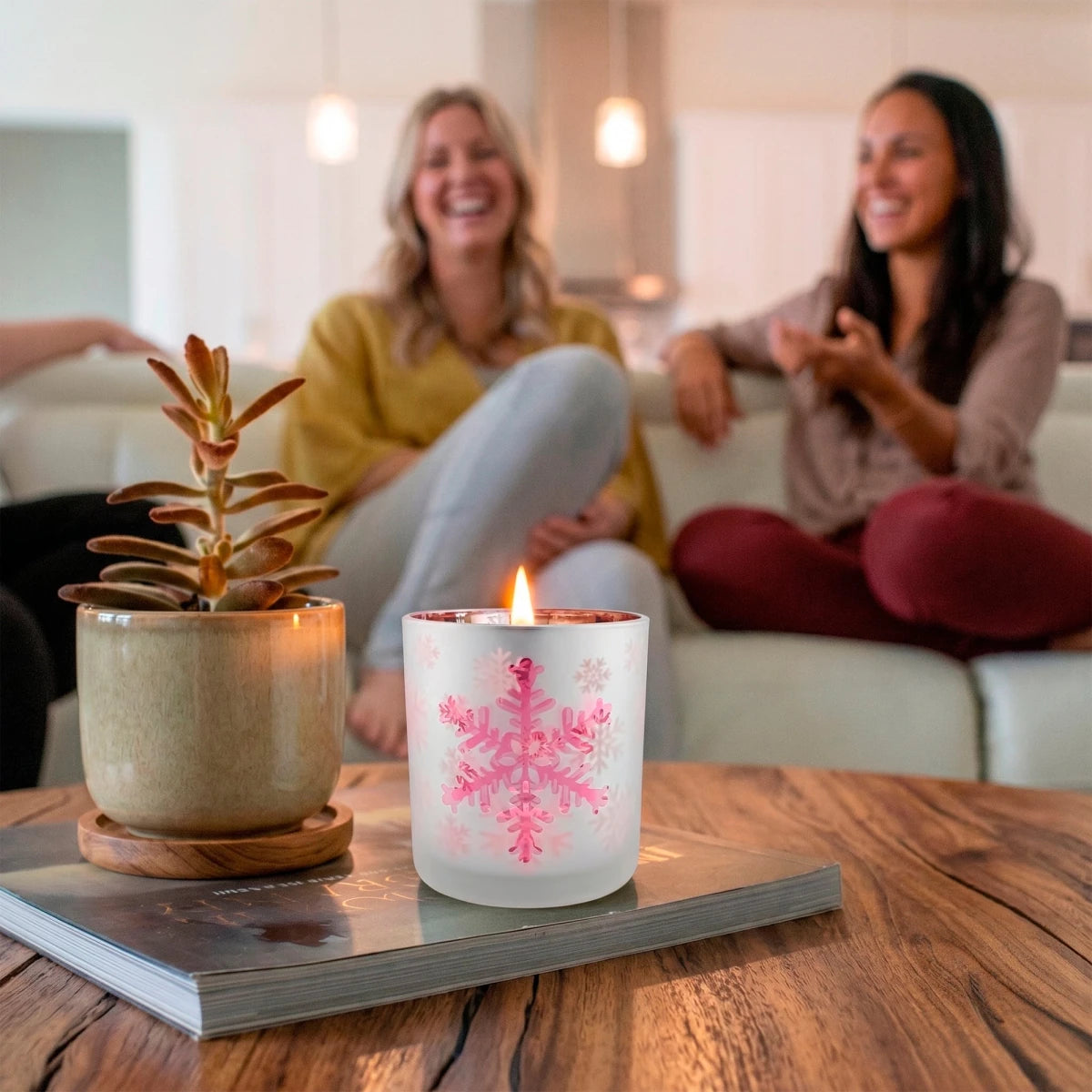 300ml - Mónaco Vaso de vidrio para velas - Frasco Blanco Mate / Rosa Metálico con Copos de Nieve - Diseño navideño - Candle Craft