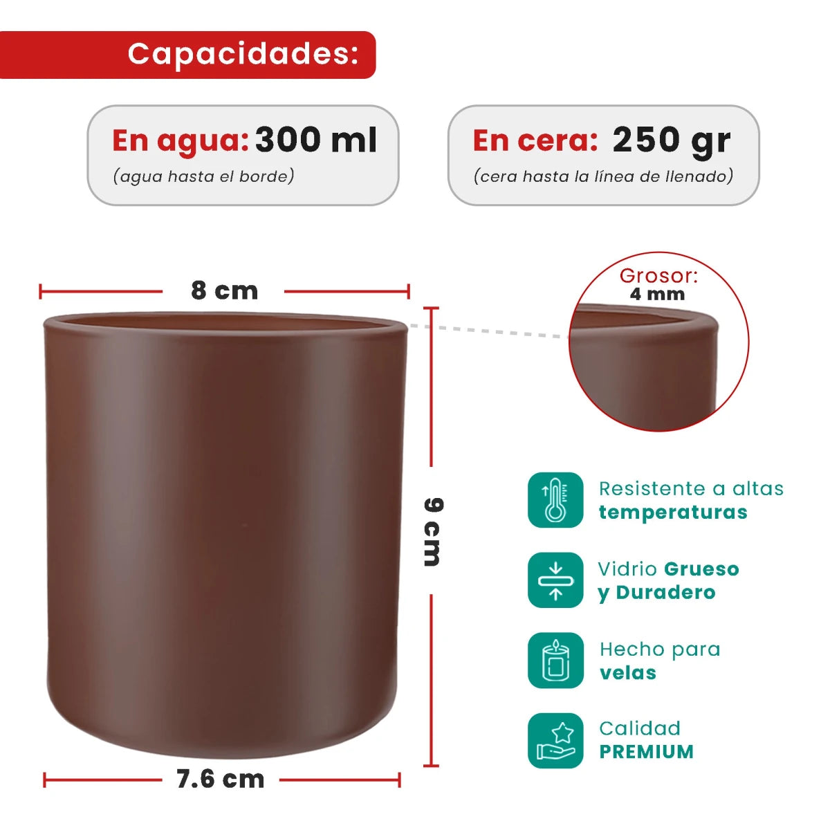 300ml - Mónaco Vaso de vidrio para velas - Frasco Café Chocolate Marrón - Mate - Candle Craft