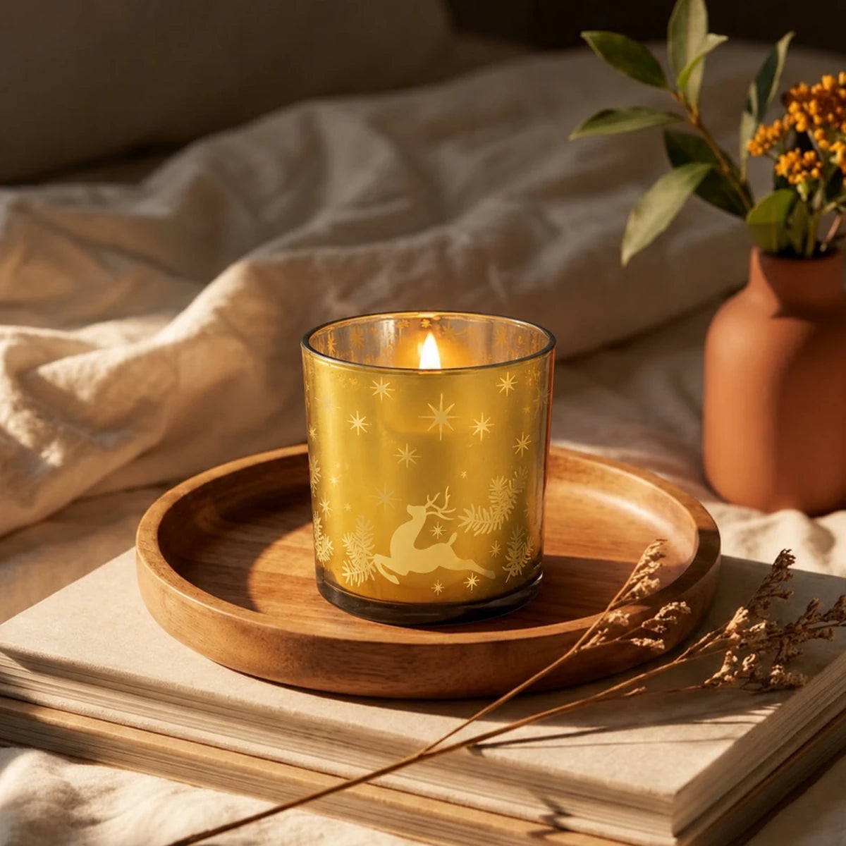 300ml - Mónaco Vaso de vidrio para velas - Frasco Dorado con Silueta de Estrellas Renos Navideñas - Candle Craft