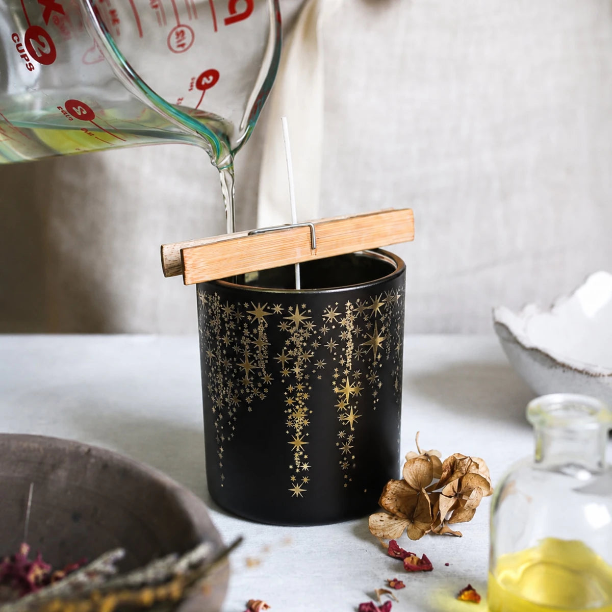 300ml - Mónaco Vaso de vidrio para velas - Frasco Negro Mate / Metálico con Siluetas de Estrellas - Candle Craft