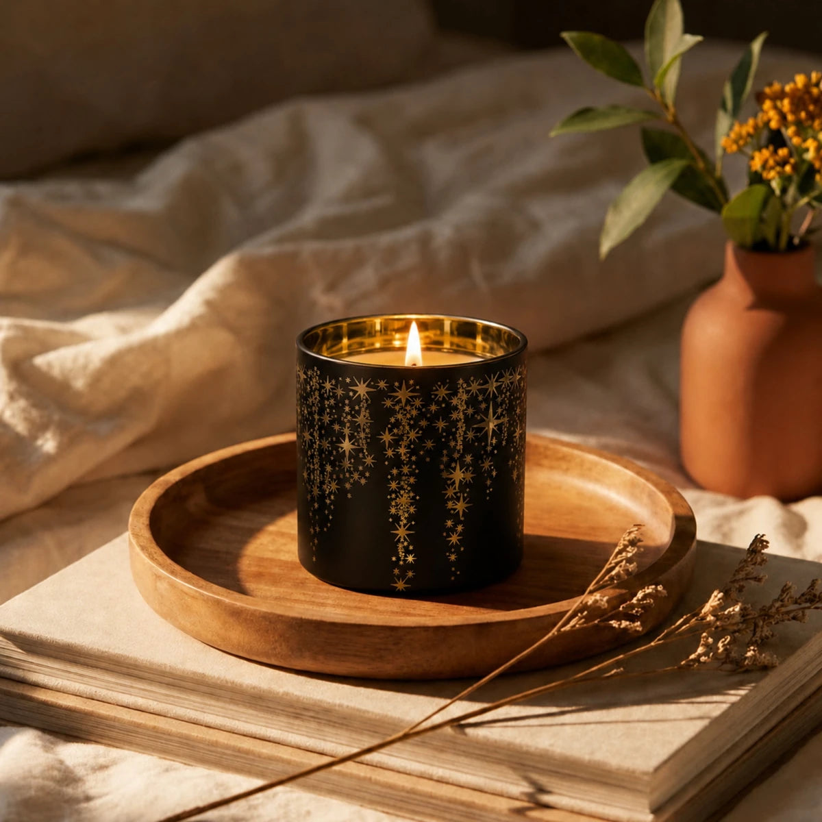 300ml - Mónaco Vaso de vidrio para velas - Frasco Negro Mate / Metálico con Siluetas de Estrellas - Candle Craft