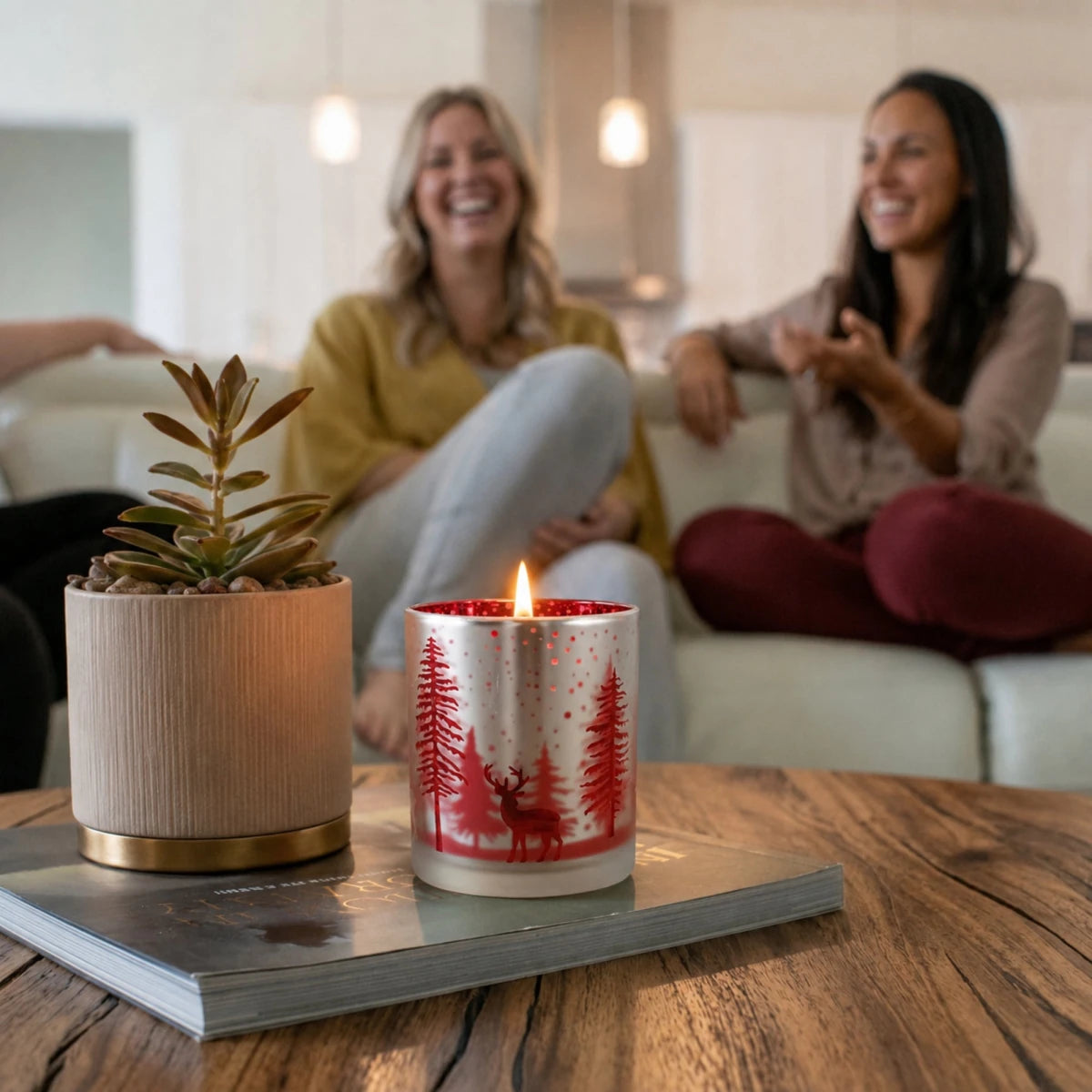 300ml - Mónaco Vaso de vidrio para velas - Frasco Plateado Mate y Rojo Metálico con Renos Pinos de Navidad - Candle Craft