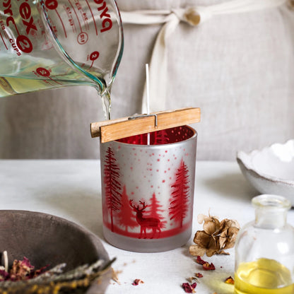 300ml - Mónaco Vaso de vidrio para velas - Frasco Plateado Mate y Rojo Metálico con Renos Pinos de Navidad - Candle Craft