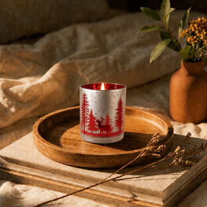 300ml - Mónaco Vaso de vidrio para velas - Frasco Plateado Mate y Rojo Metálico con Renos Pinos de Navidad - Candle Craft