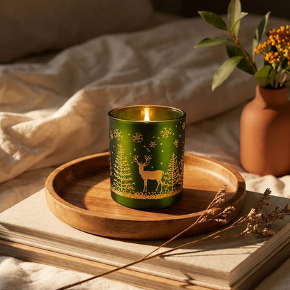 300ml - Mónaco Vaso de vidrio para velas - Frasco Verde Mate / Metálico con Silueta de Pinos de Navidad y Renos - Candle Craft