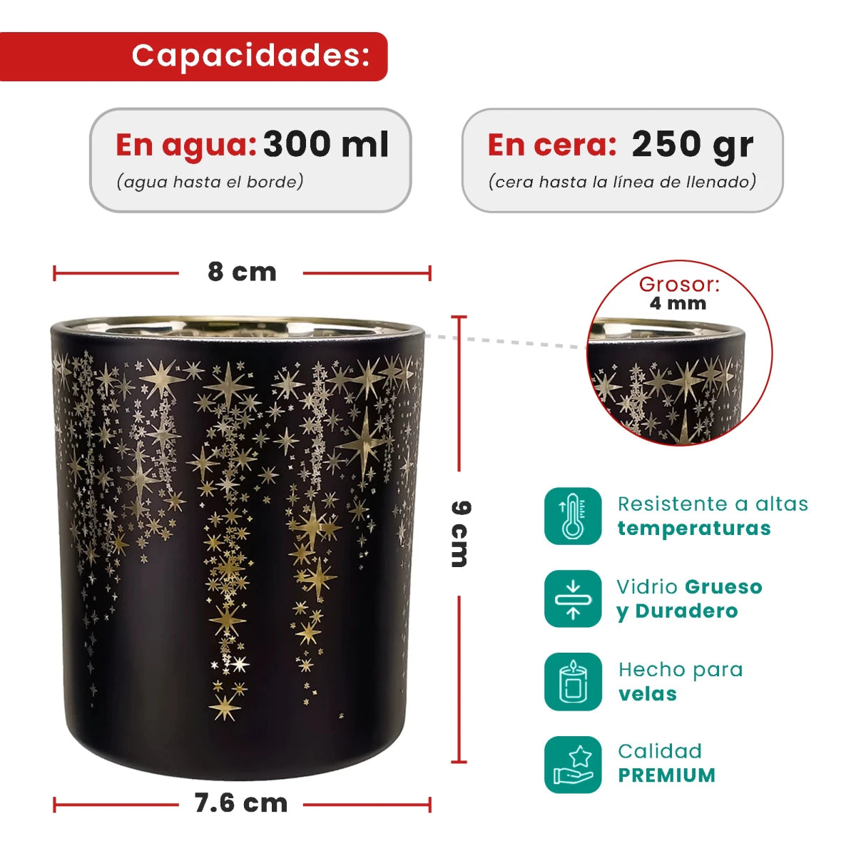 300ml - Mónaco Vaso de vidrio para velas - Negro Mate / Metálico con Siluetas de Estrellas - Candle Craft