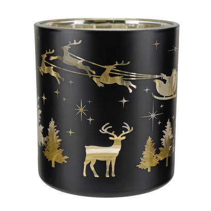 300ml - Mónaco Vaso de vidrio para velas - Negro Mate / Metálico con Siluetas de Reno y Pino - Candle Craft