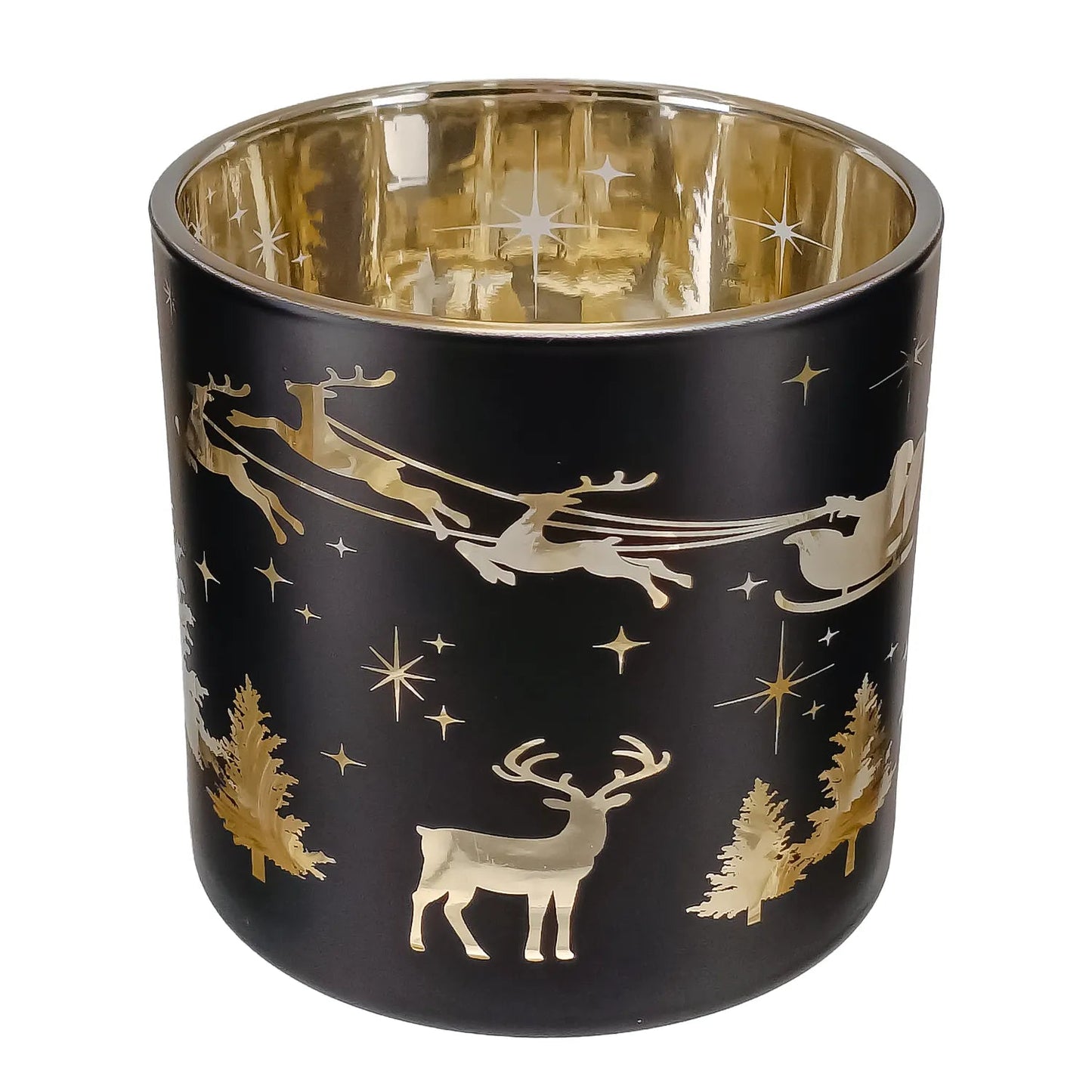 300ml - Mónaco Vaso de vidrio para velas - Negro Mate / Metálico con Siluetas de Reno y Pino - Candle Craft