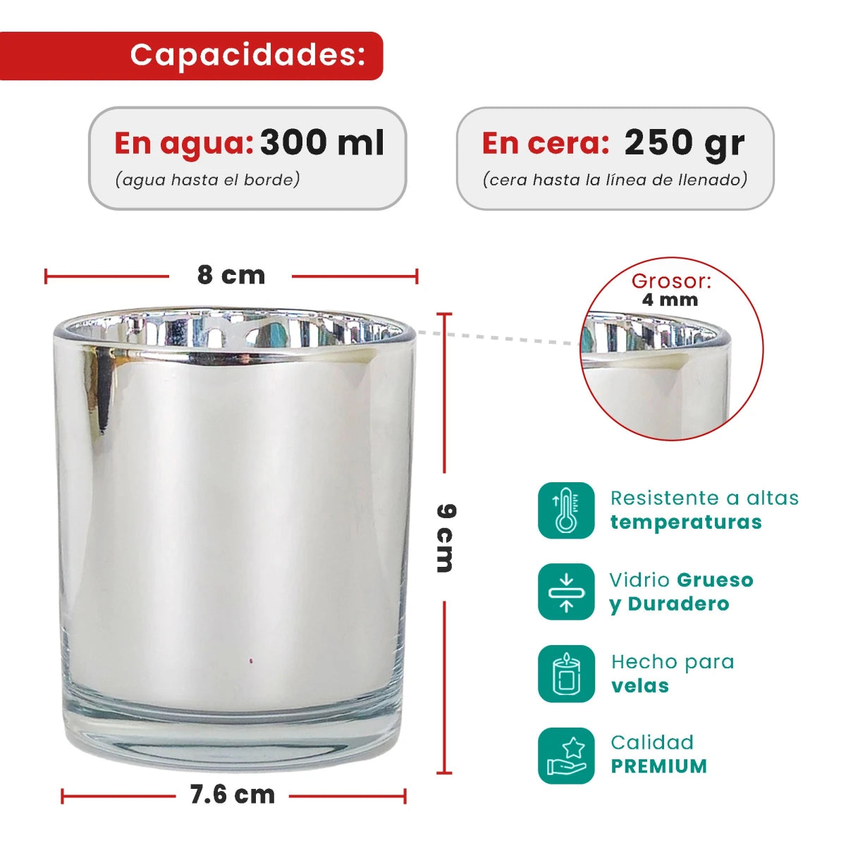 300ml - Mónaco Vaso de vidrio para velas - Plata Metálico - Candle Craft
