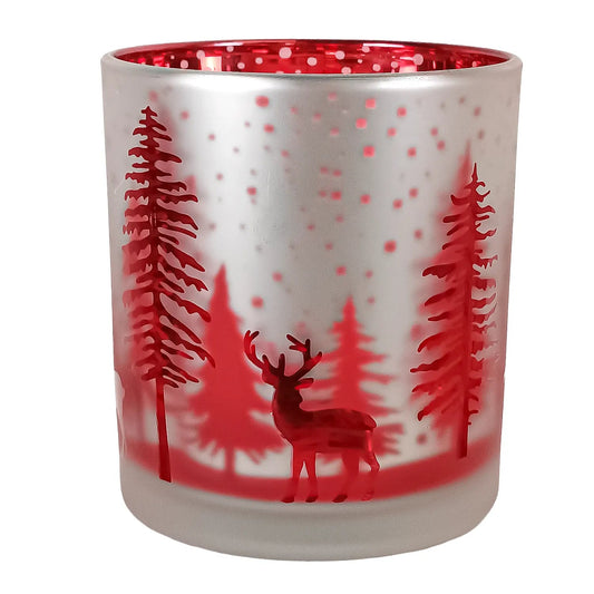 300ml - Mónaco Vaso de vidrio para velas - Plateado Mate y Rojo Metálico con Renos Pinos de Navidad - Candle Craft