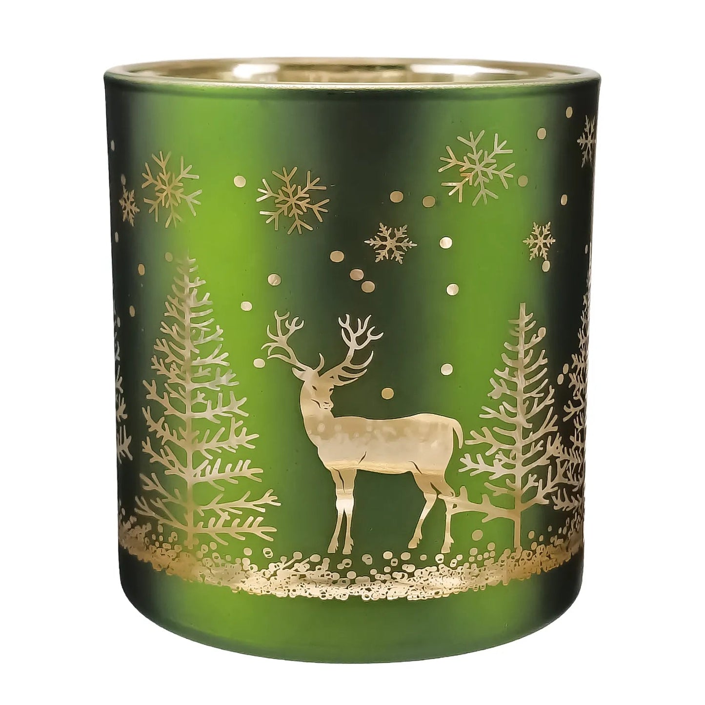 300ml - Mónaco Vaso de vidrio para velas - Verde Mate / Metálico con Silueta de Pinos de Navidad y Renos - Candle Craft