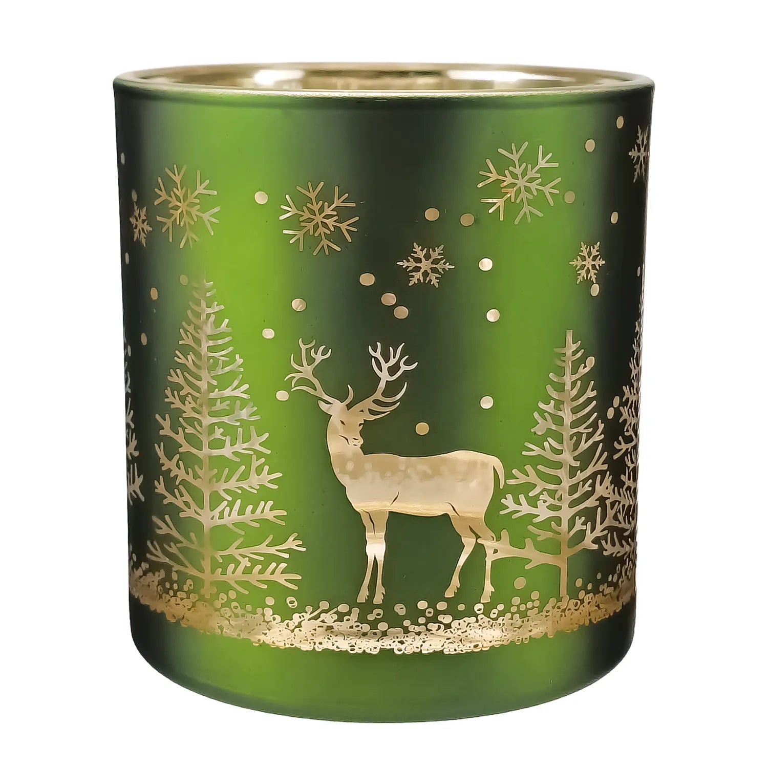300ml - Mónaco Vaso de vidrio para velas - Verde Mate / Metálico con Silueta de Pinos de Navidad y Renos - Candle Craft