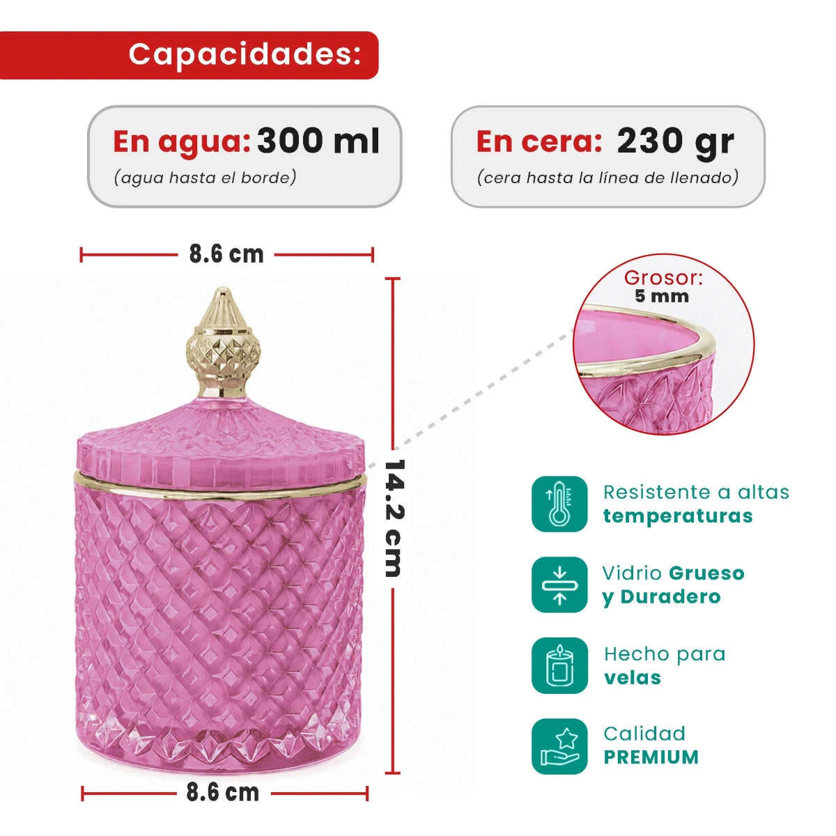 300ml - París Vaso de lujo de vidrio para velas Azul Pastel - Frasco Rosa Claro Pink Pastel con Oro - Candle Craft