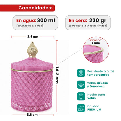 300ml - París Vaso de lujo de vidrio para velas Azul Pastel - Frasco Rosa Claro Pink Pastel con Oro - Candle Craft