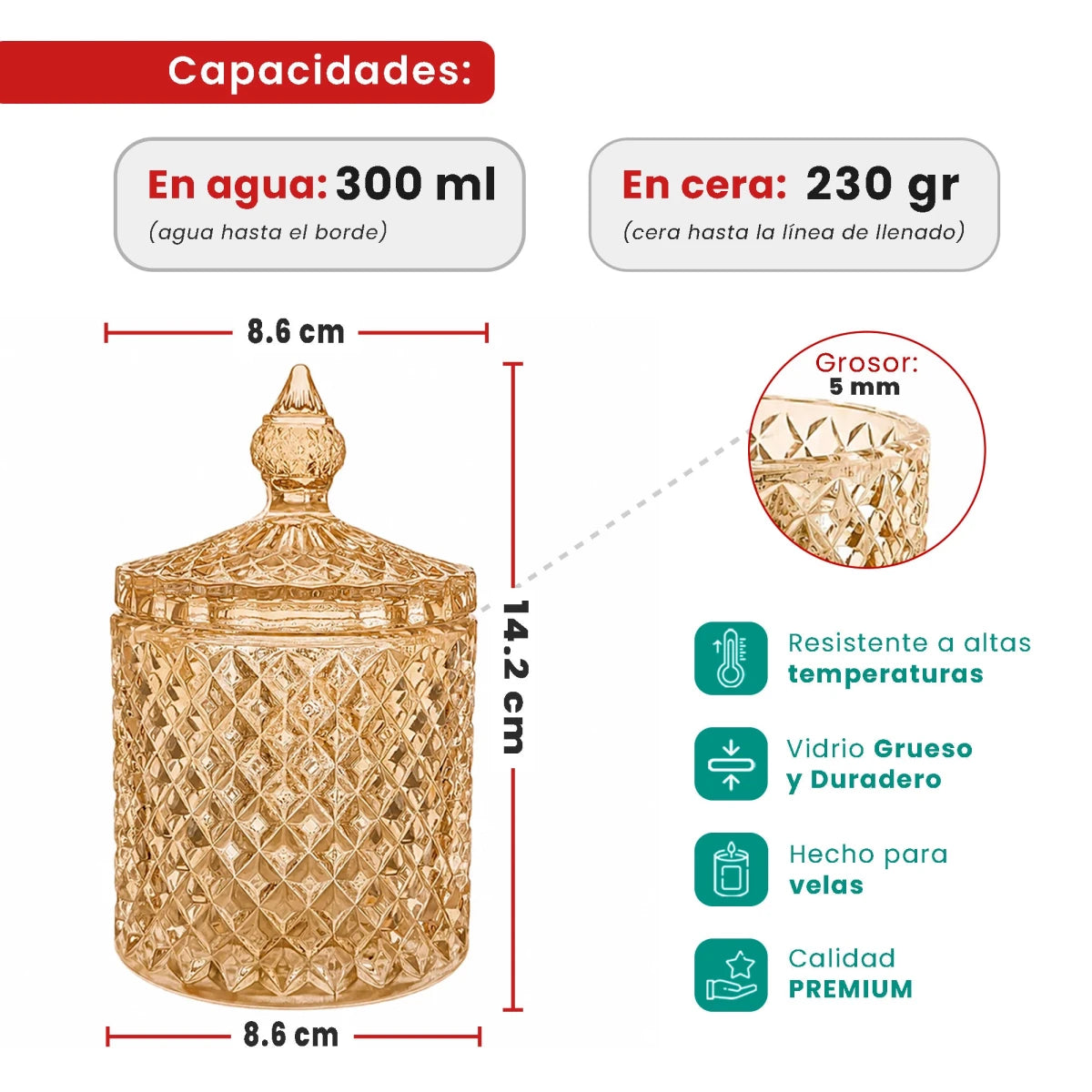 300ml - París Vaso de lujo de vidrio para velas - Frasco Ámbar Champagne Transparente - Candle Craft