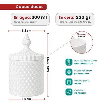 300ml - París Vaso de lujo de vidrio para velas - Frasco para Velas - Blanco Brillante - Candle Craft