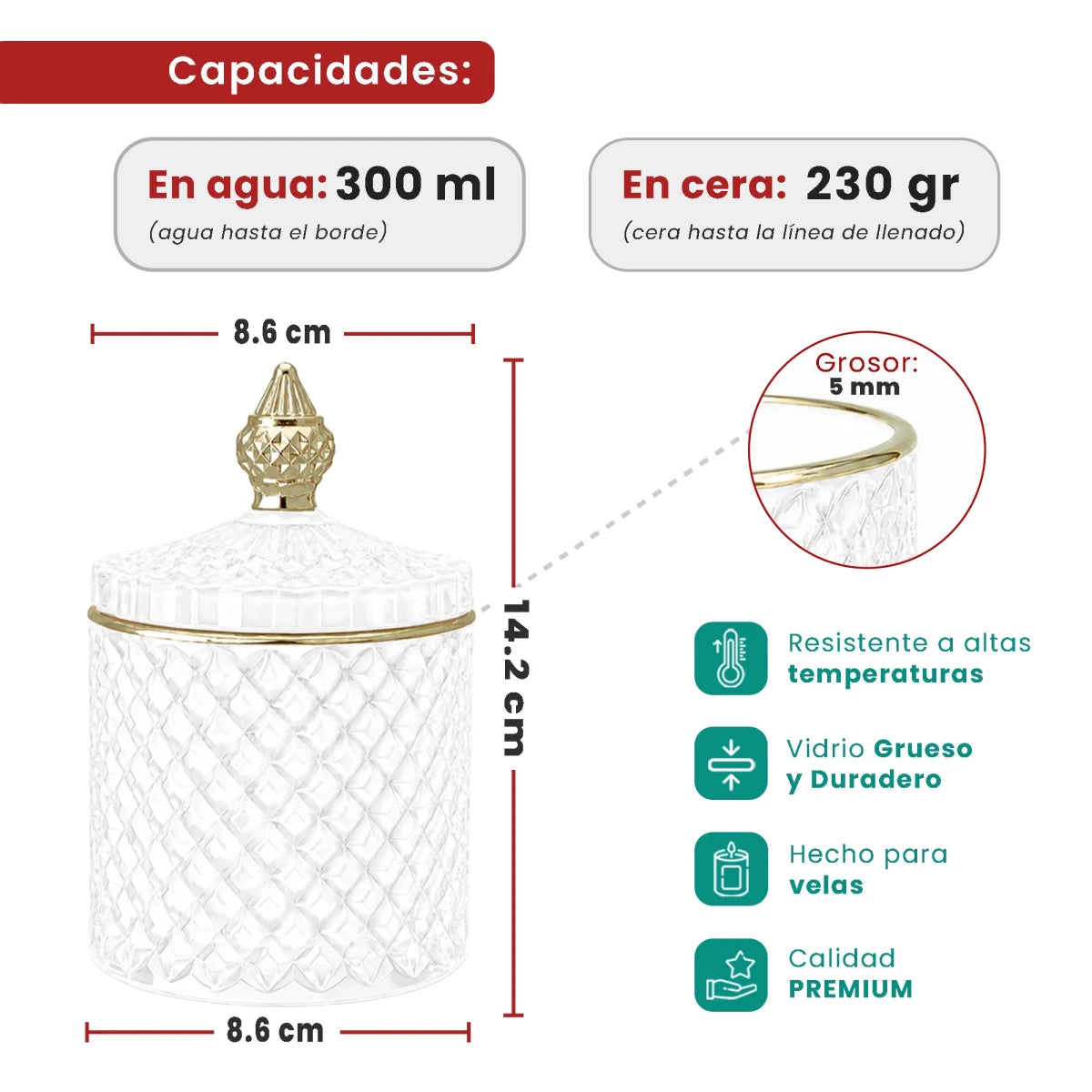300ml - París Vaso de lujo de vidrio para velas - Frasco para Velas - Blanco Brillante con Oro - Candle Craft