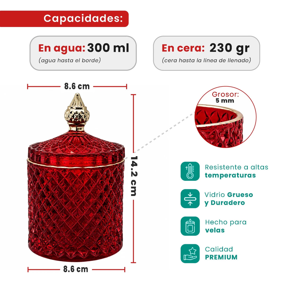 300ml - París Vaso de lujo de vidrio para velas - Frasco Rojo Cereza con Oro - Candle Craft