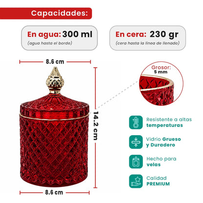 300ml - París Vaso de lujo de vidrio para velas - Frasco Rojo Cereza con Oro - Candle Craft