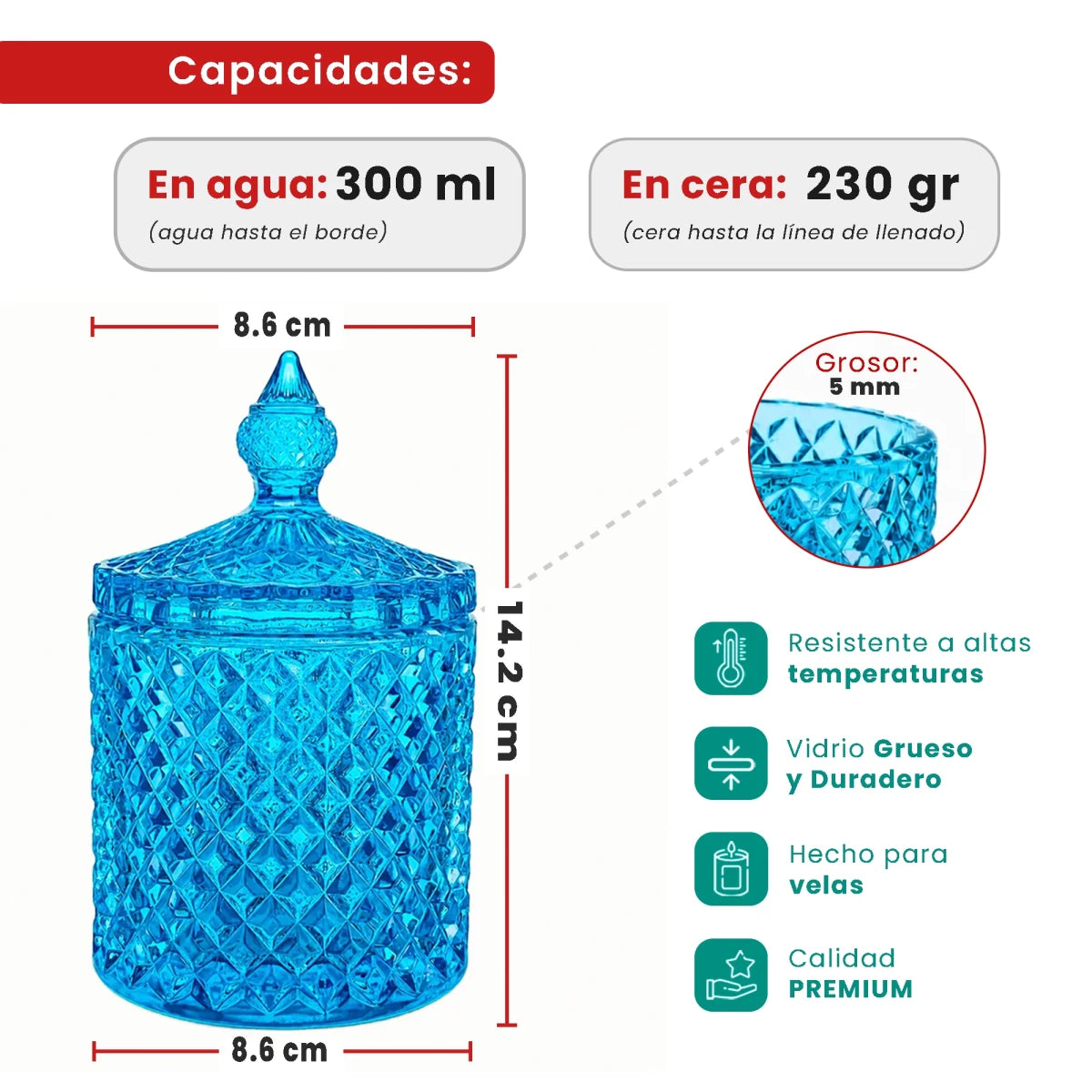 300ml - París Vaso de lujo de vidrio para velas - Frasco Transparente Azul Oscuro - Candle Craft