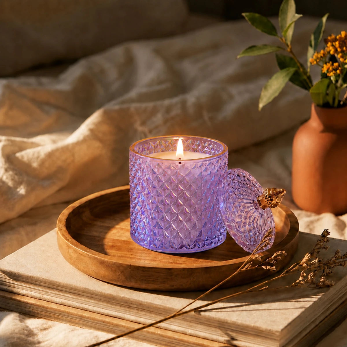 300ml - París Vaso de lujo de vidrio para velas - Frasco Transparente Morado con Oro - Candle Craft