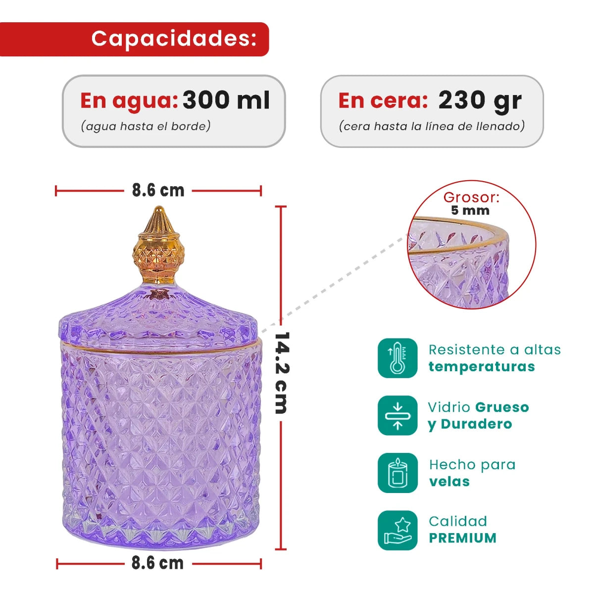 300ml - París Vaso de lujo de vidrio para velas - Frasco Transparente Morado con Oro - Candle Craft