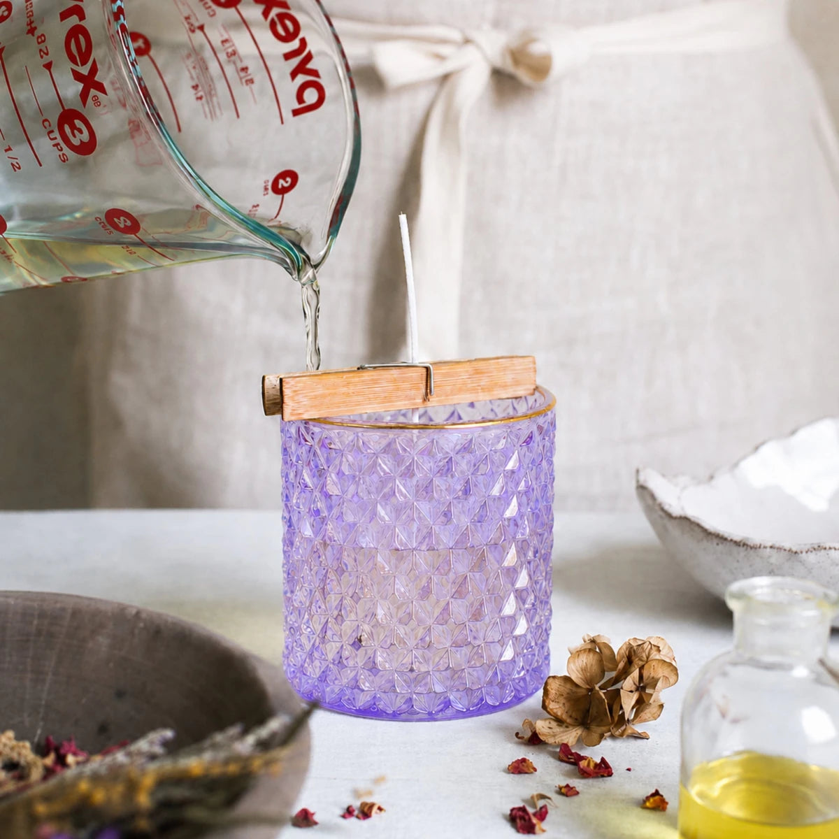 300ml - París Vaso de lujo de vidrio para velas - Frasco Transparente Morado con Oro - Candle Craft