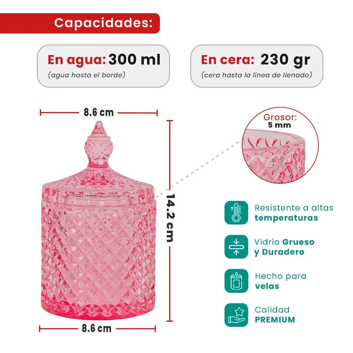 300ml - París Vaso de lujo de vidrio para velas - Pink Brillante - Candle Craft