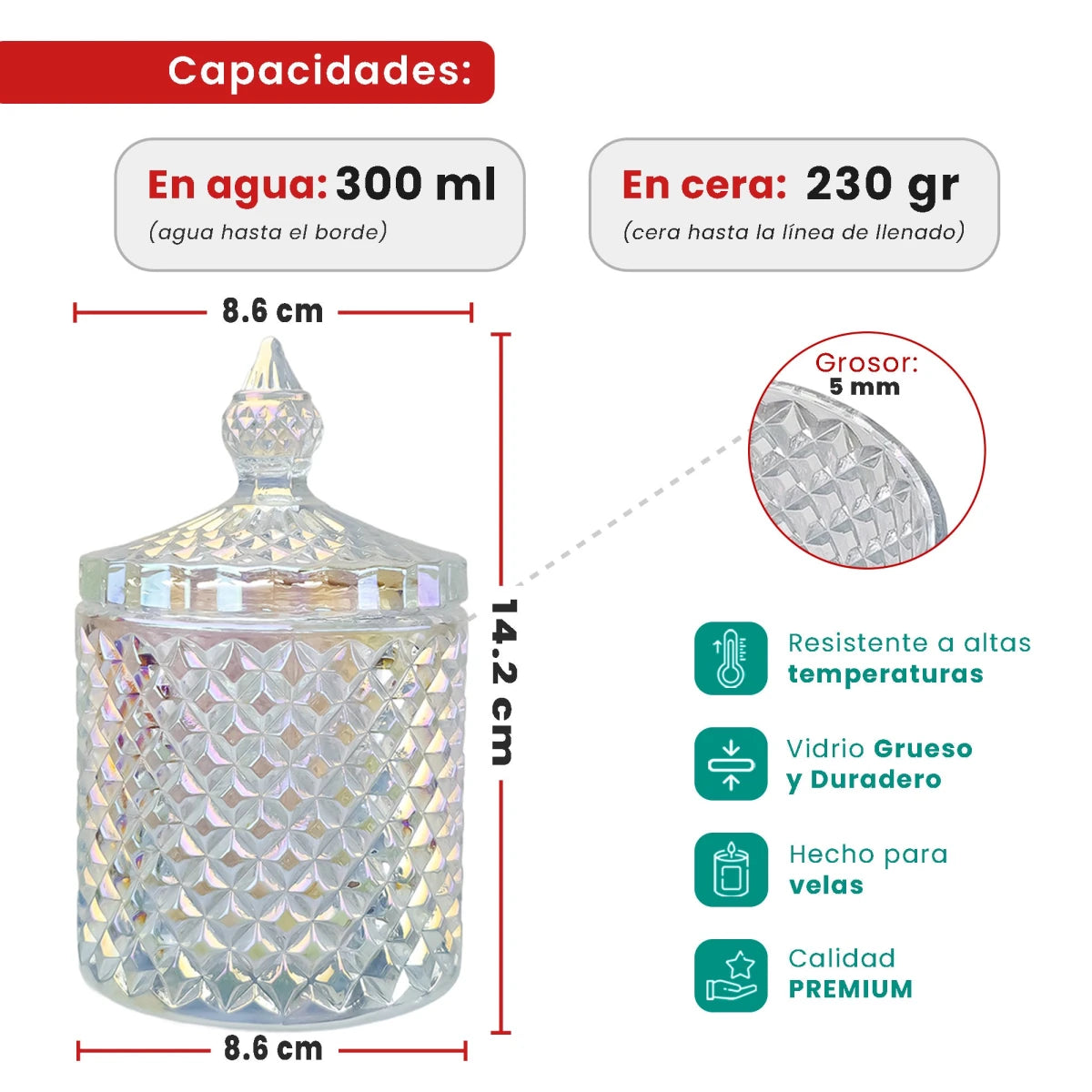 300ml - París Vaso de lujo de vidrio para velas - Tornasol Brillante - Candle Craft