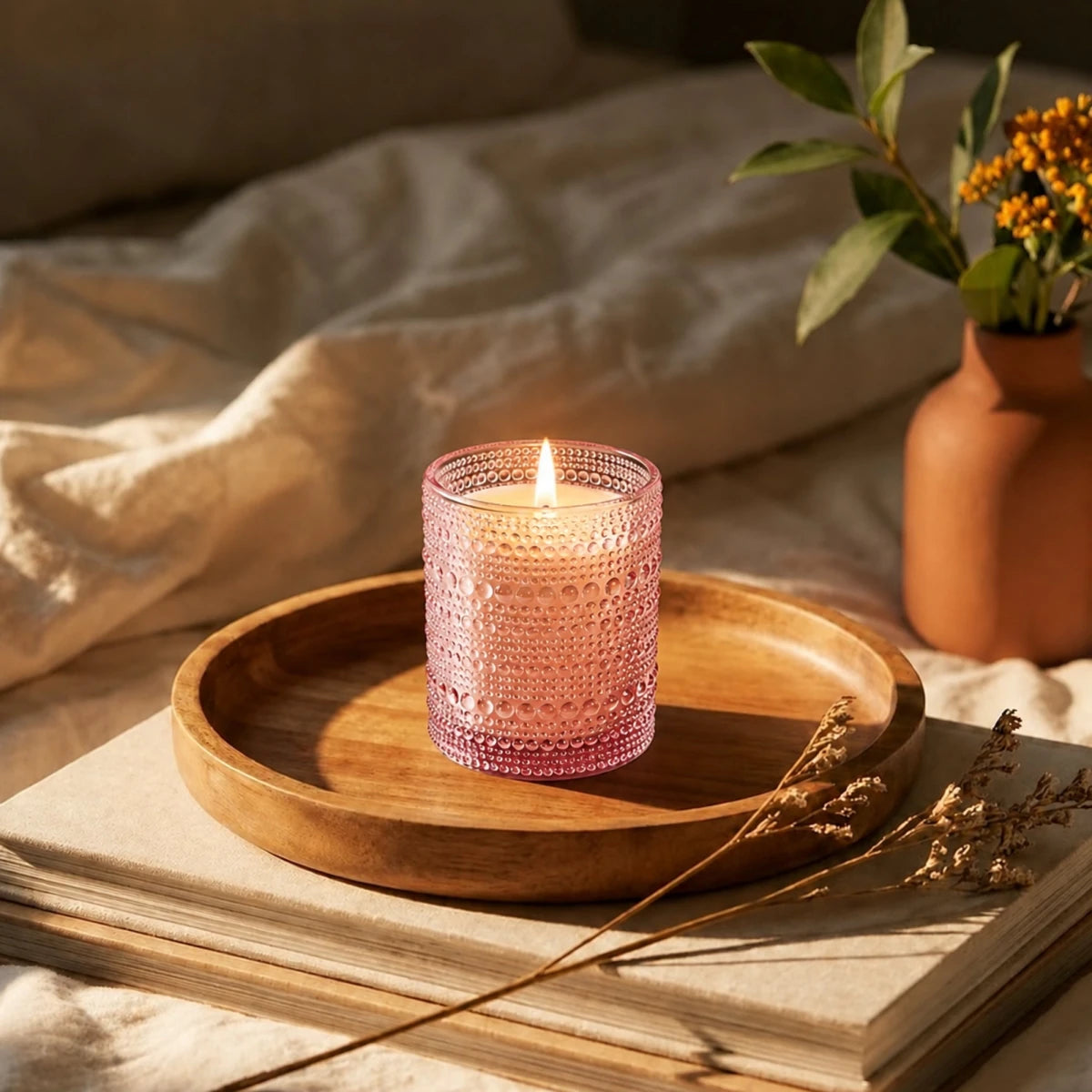 300ml - Tahití Vaso de vidrio con Diseño Perlado para velas - Frasco Rosa Transparente - Candle Craft