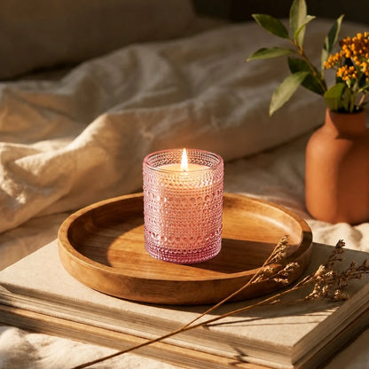 300ml - Tahití Vaso de vidrio con Diseño Perlado para velas - Frasco Rosa Transparente - Candle Craft