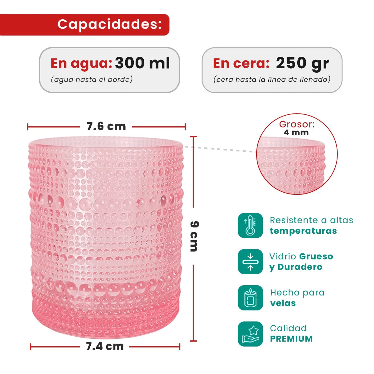 300ml - Tahití Vaso de vidrio con Diseño Perlado para velas - Rosa Transparente - Candle Craft
