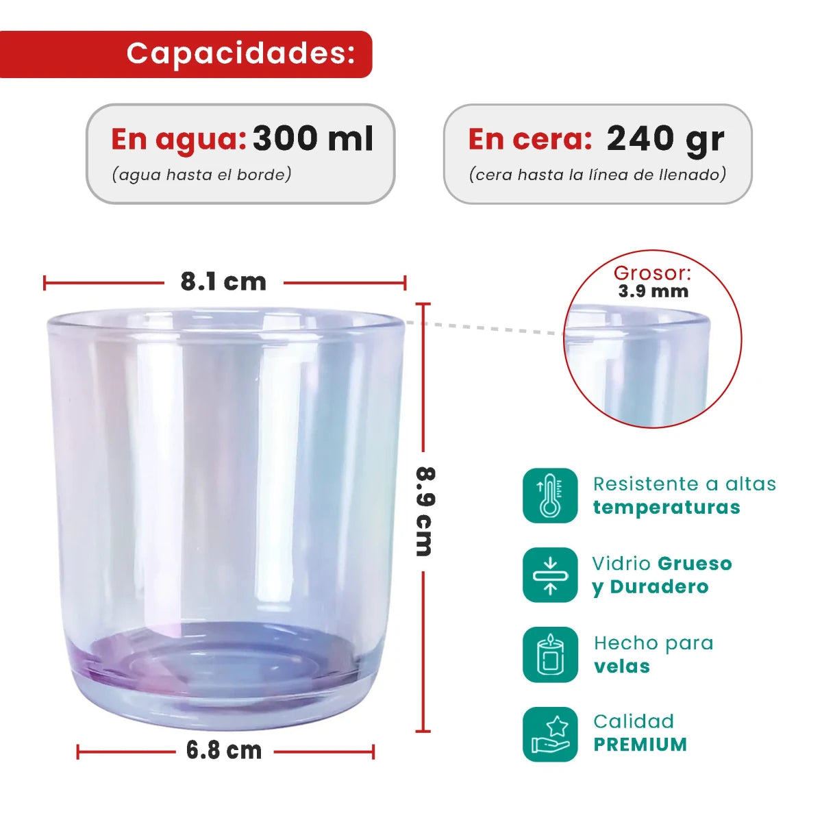 300ml - Valencia Vaso de Vidrio para Velas con Base Redondo - Frasco Azul Claro Tornasol - Candle Craft