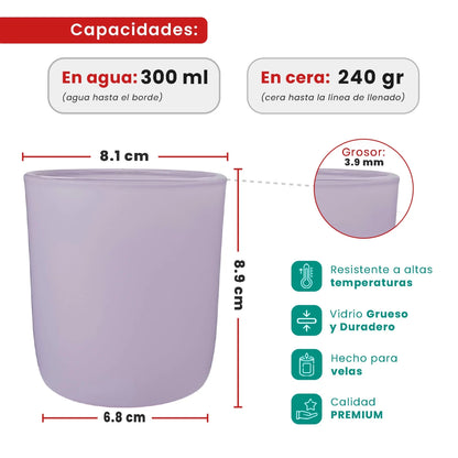 300ml - Valencia Vaso de Vidrio para Velas con Base Redondo - Frasco Lavanda Lila Morado Pastel - Mate - Candle Craft