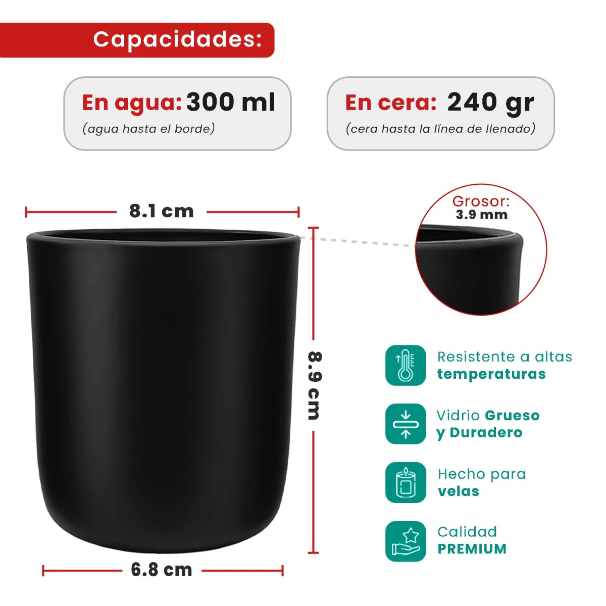 300ml - Valencia Vaso de Vidrio para Velas con Base Redondo - Frasco Negro Mate - Candle Craft