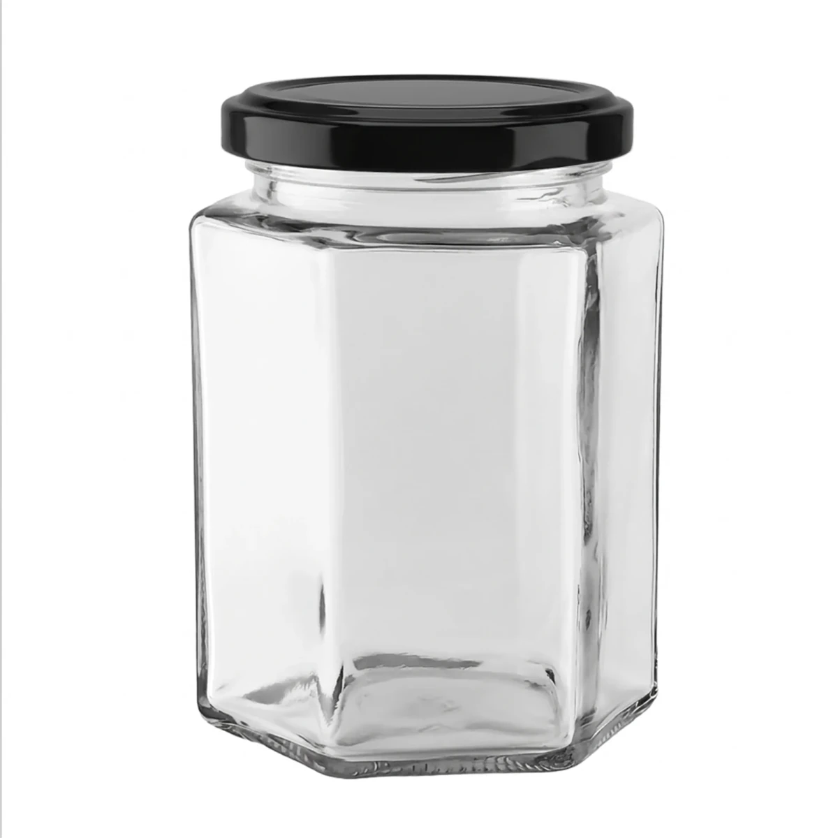 300ml - Vaso de Vidrio Hexagonal para Velas - Frasco con Tapa Negra Brillante de Aluminio - Candle Craft
