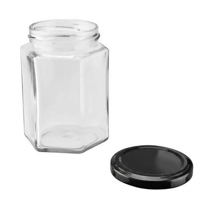 300ml - Vaso de Vidrio Hexagonal para Velas - Frasco con Tapa Negra Brillante de Aluminio - Candle Craft