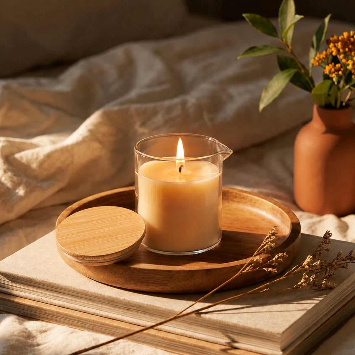 310ml - Bali Vaso de Vidrio para Velas de Masaje con Tapa de Bambú - Frasco con Boquilla vertedora - Cristal Transparente - Candle Craft